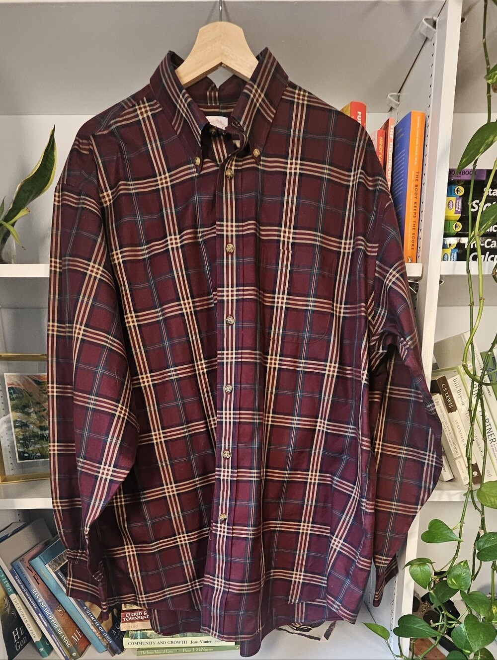 Vintage Brooks Brothers Men's Button-Down Shirt Burgundy Plaid Size XL Preppy
